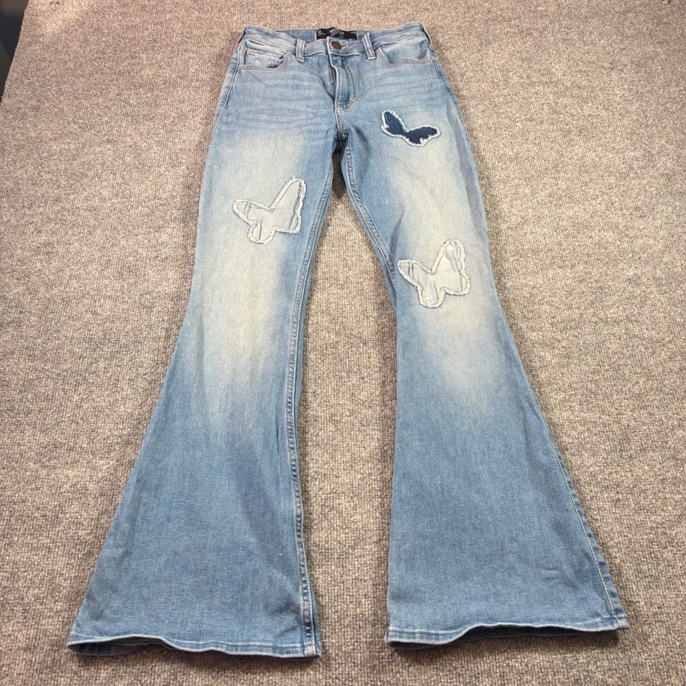 Hollister High Rise Flare Jeans Womens 4R W27 Light Wash Butterfly Patch